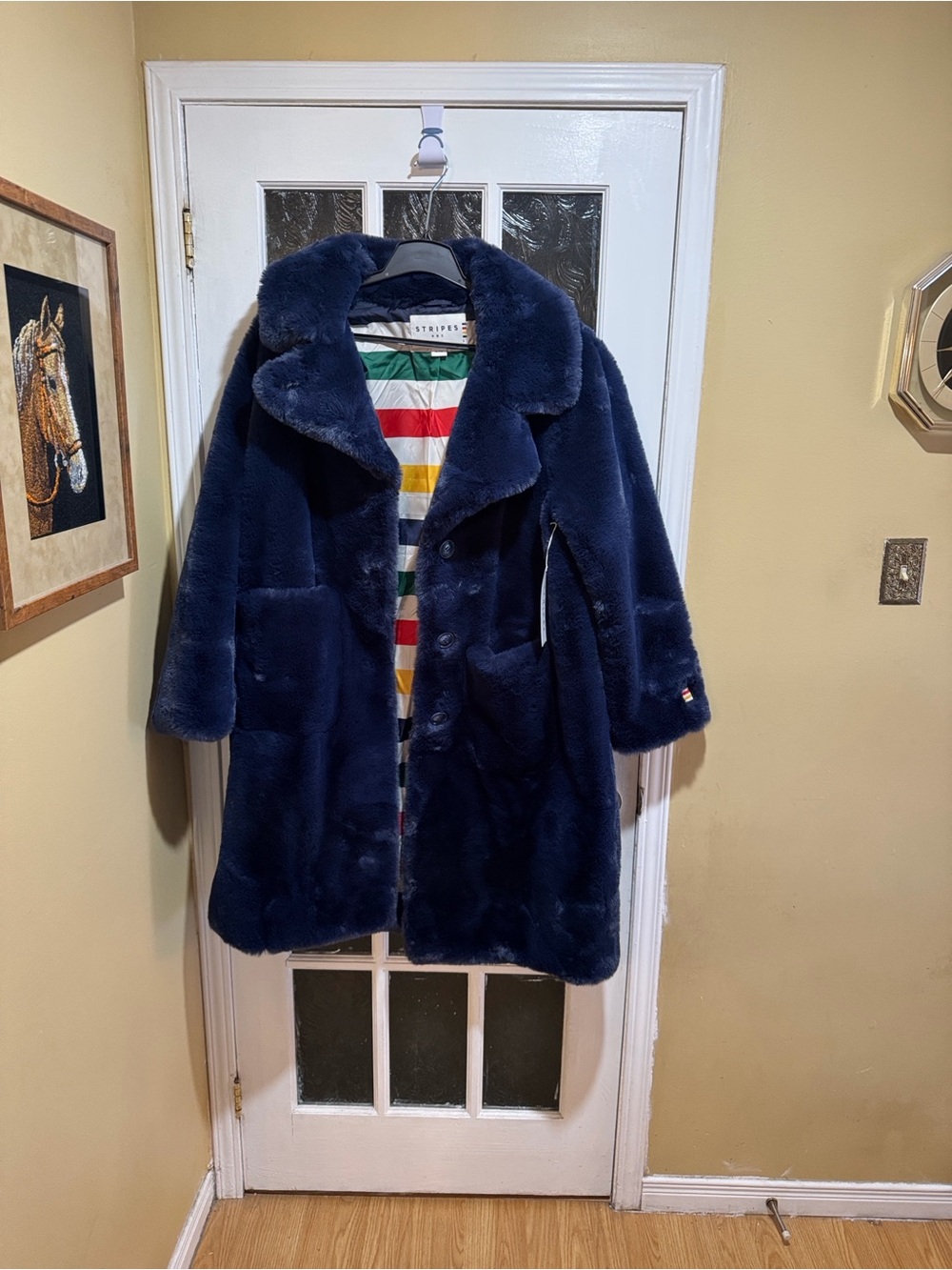 Stripes (the Bay)  Navy Faux Fur Teddy Coat with Multicolor Stripe Lining